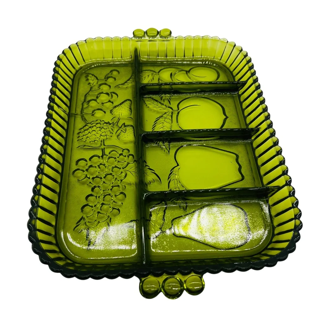 Indiana Glass‎ Co. 5 Part Relish Tray Fruit Pattern Green 12